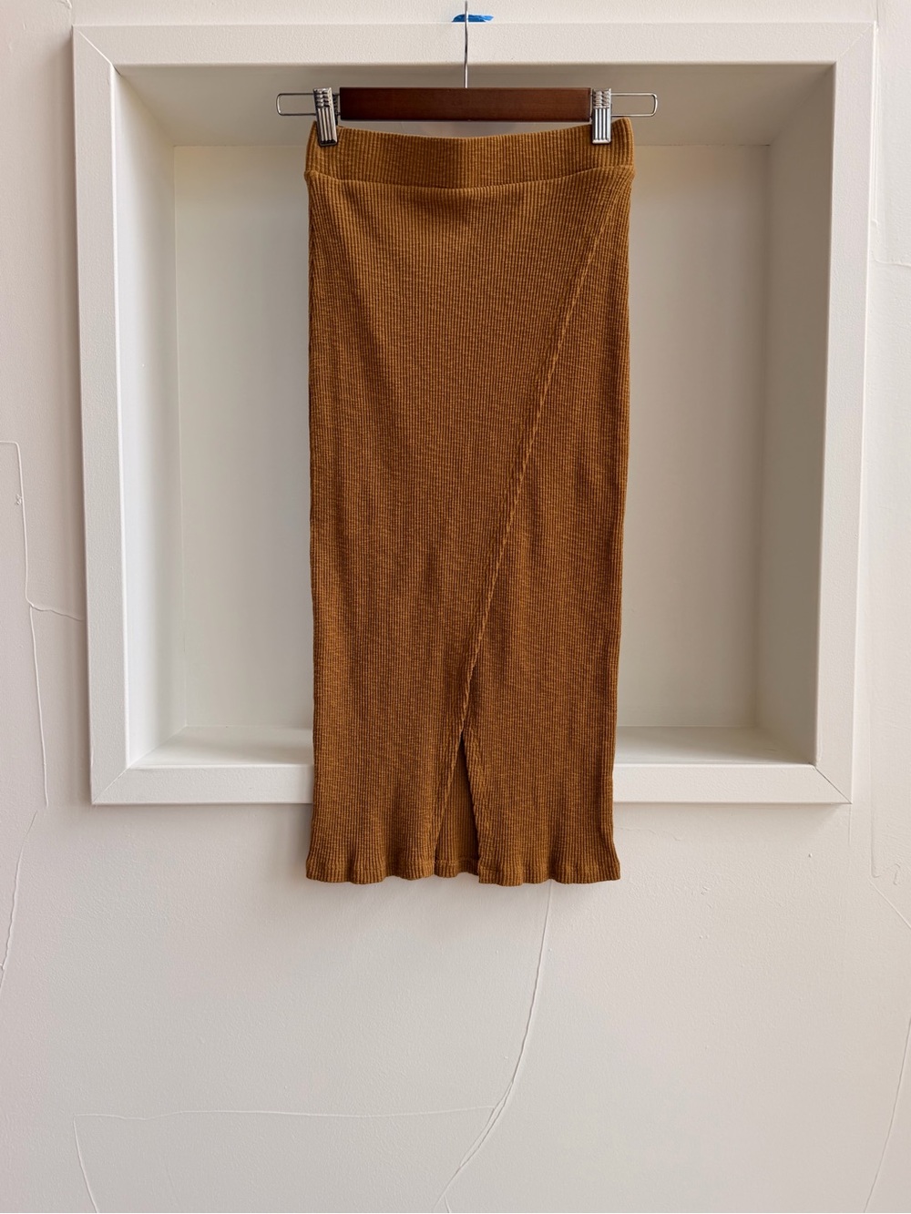 Ribbed Wrap-Front Midi Skirt in Camel